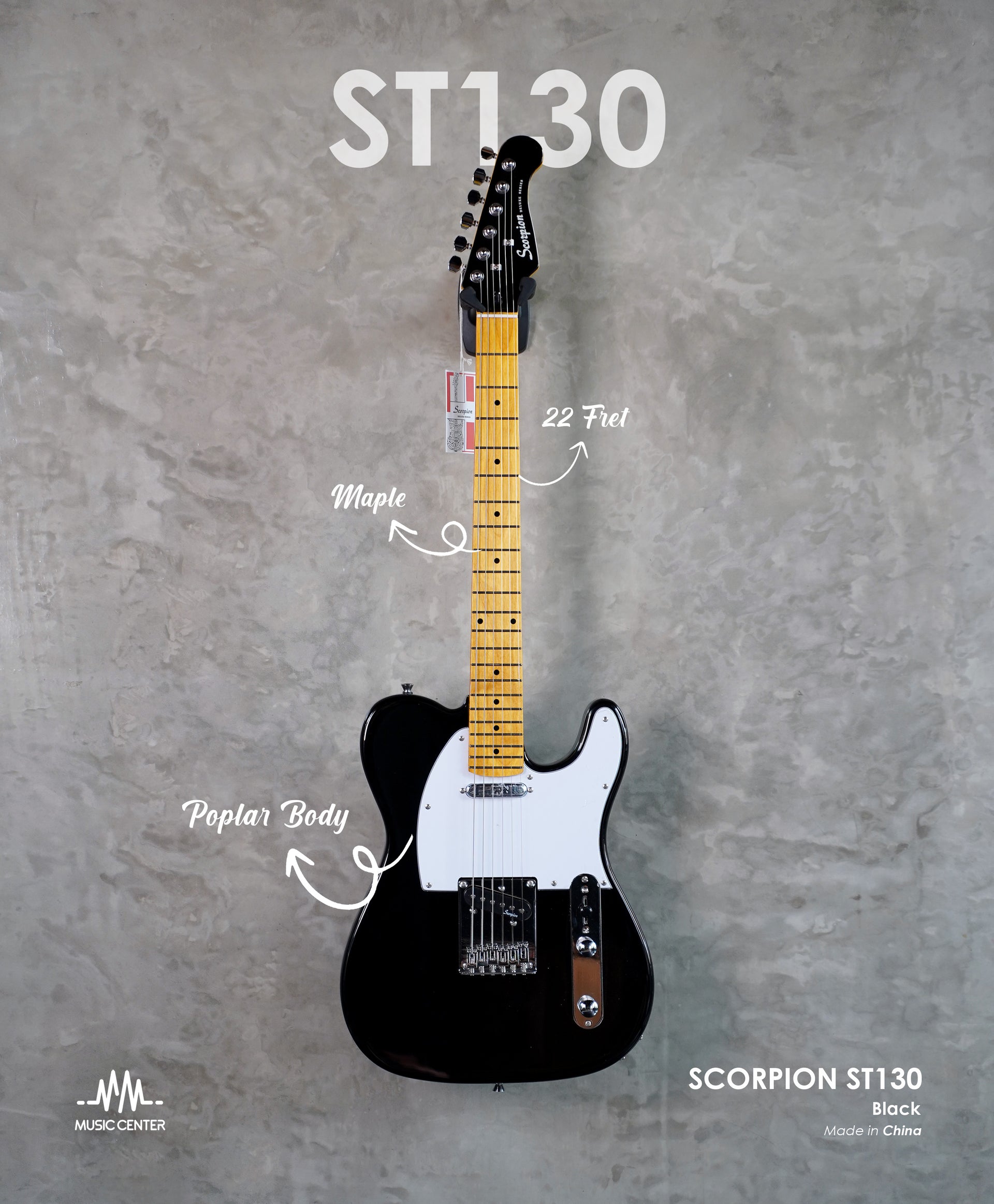 Scorpion ST130 Electric Guitar Telecaster, Black