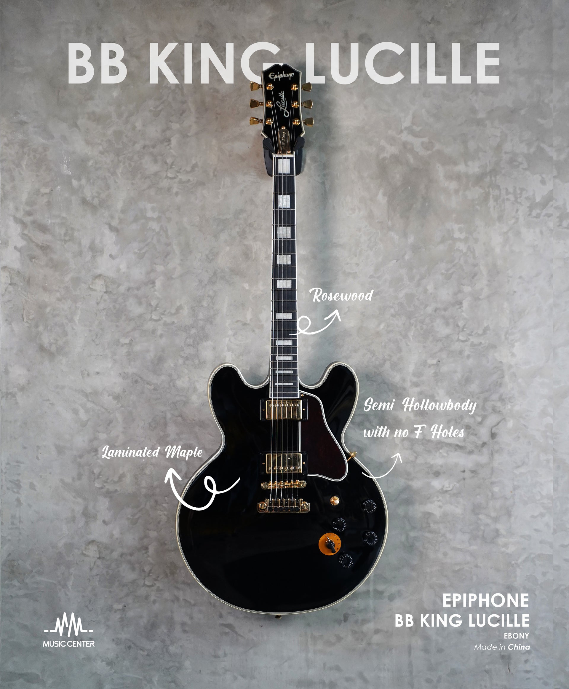 Epiphone Lucille BB KING Signature Edition Semi Hollow Electric Guitar, Black Ebony