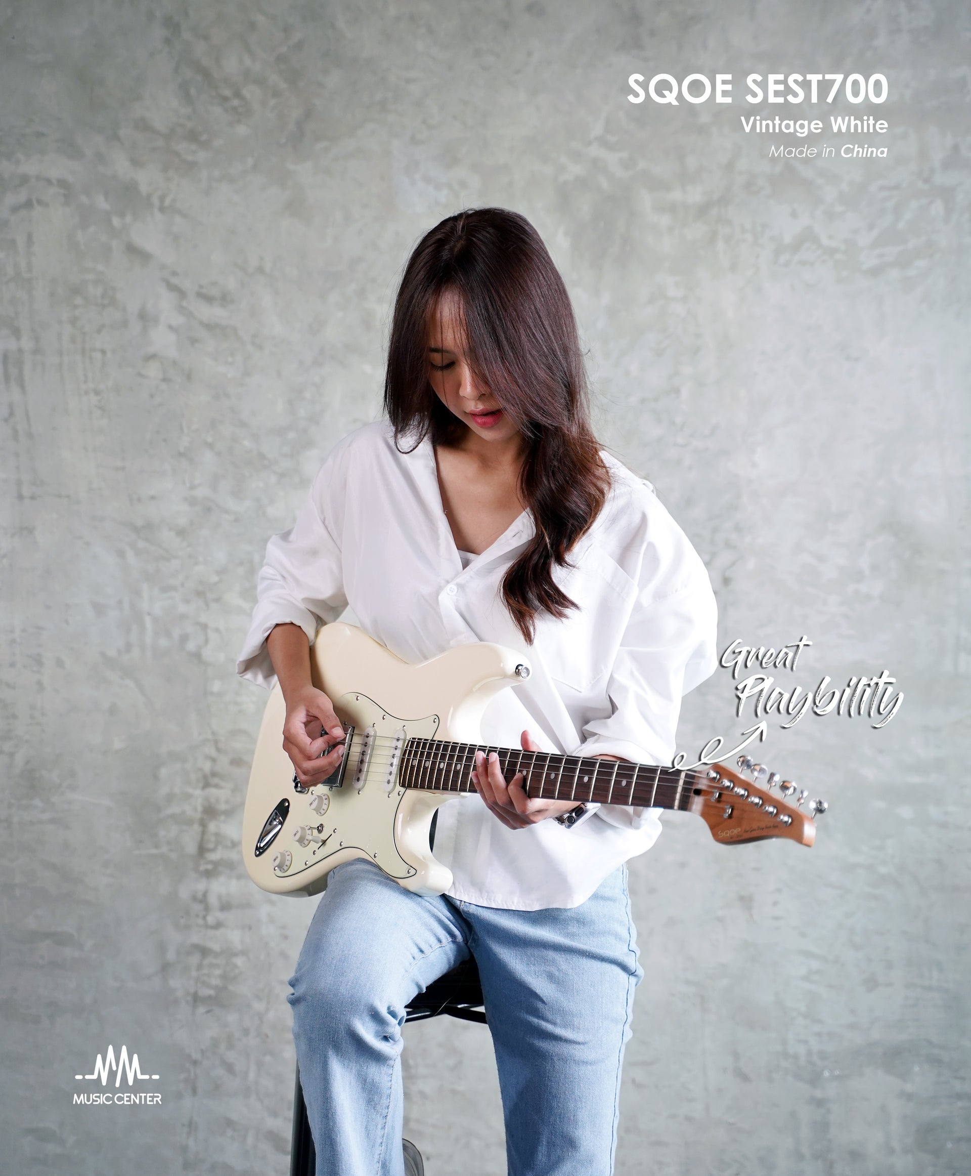 SQOE SEST700 HSS Electric Guitar Stratocaster, Vintage White