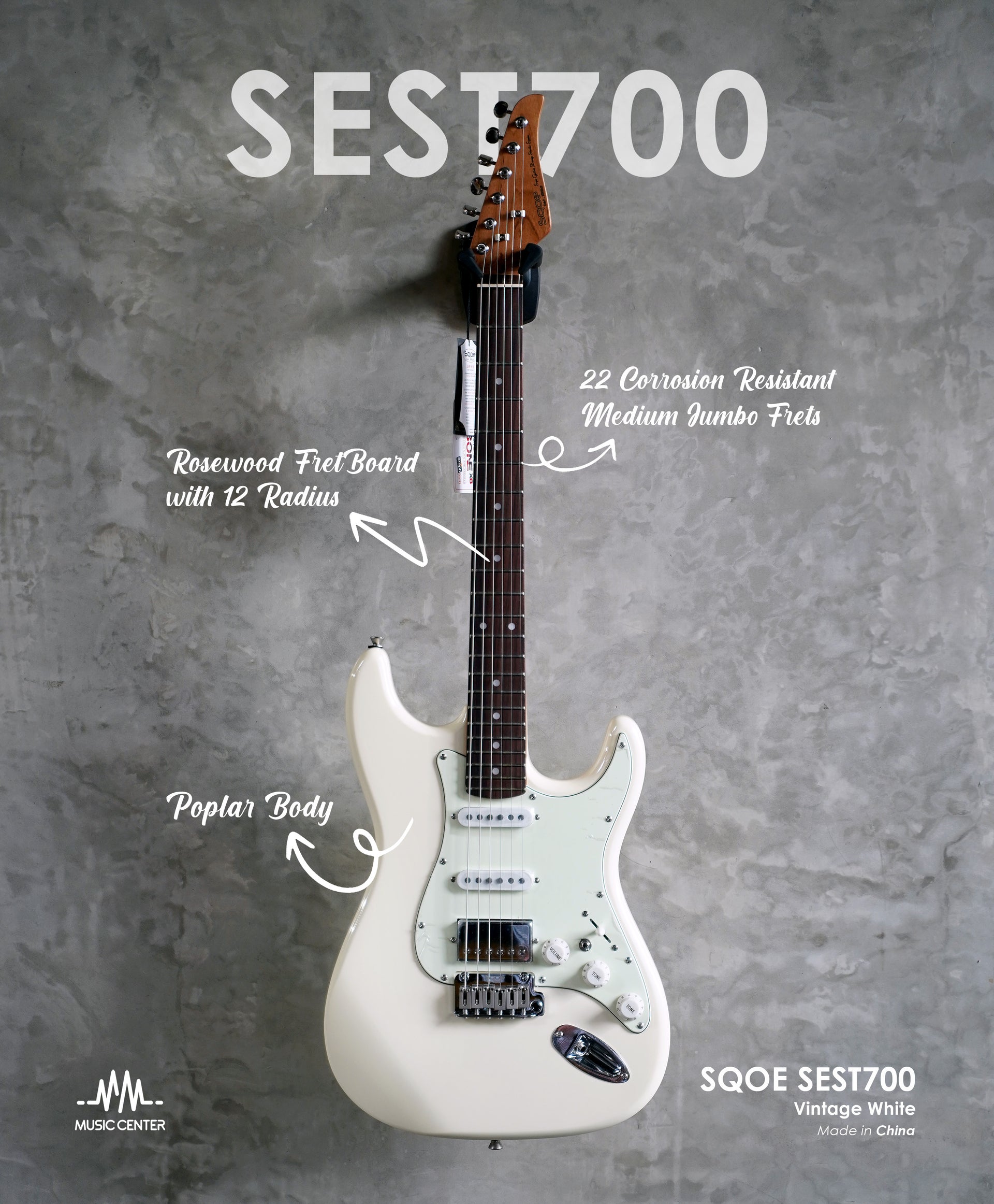 SQOE SEST700 HSS Electric Guitar Stratocaster, Vintage White