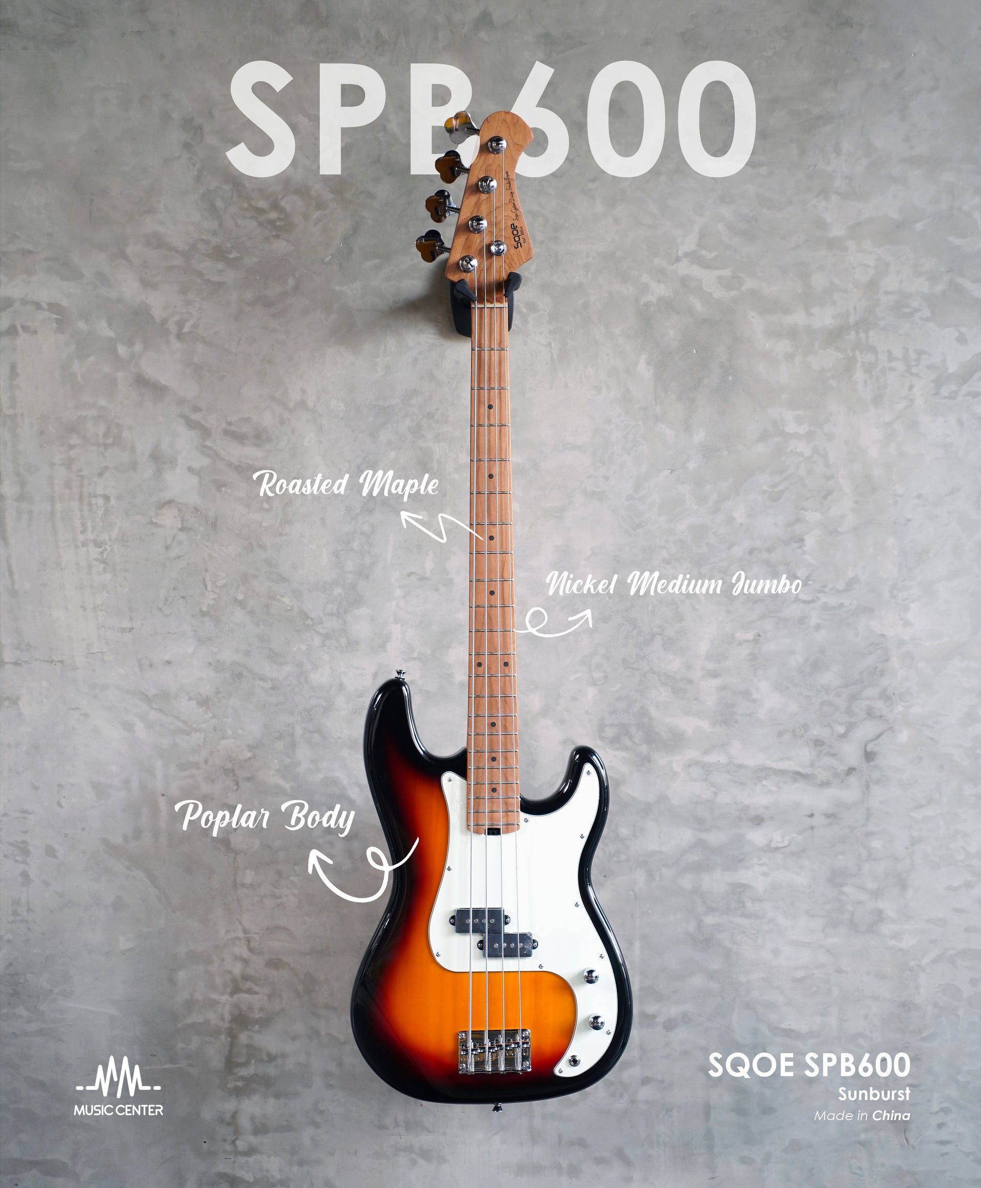 SQOE SPB600 Electric Bass, 3-Tone Sunburst