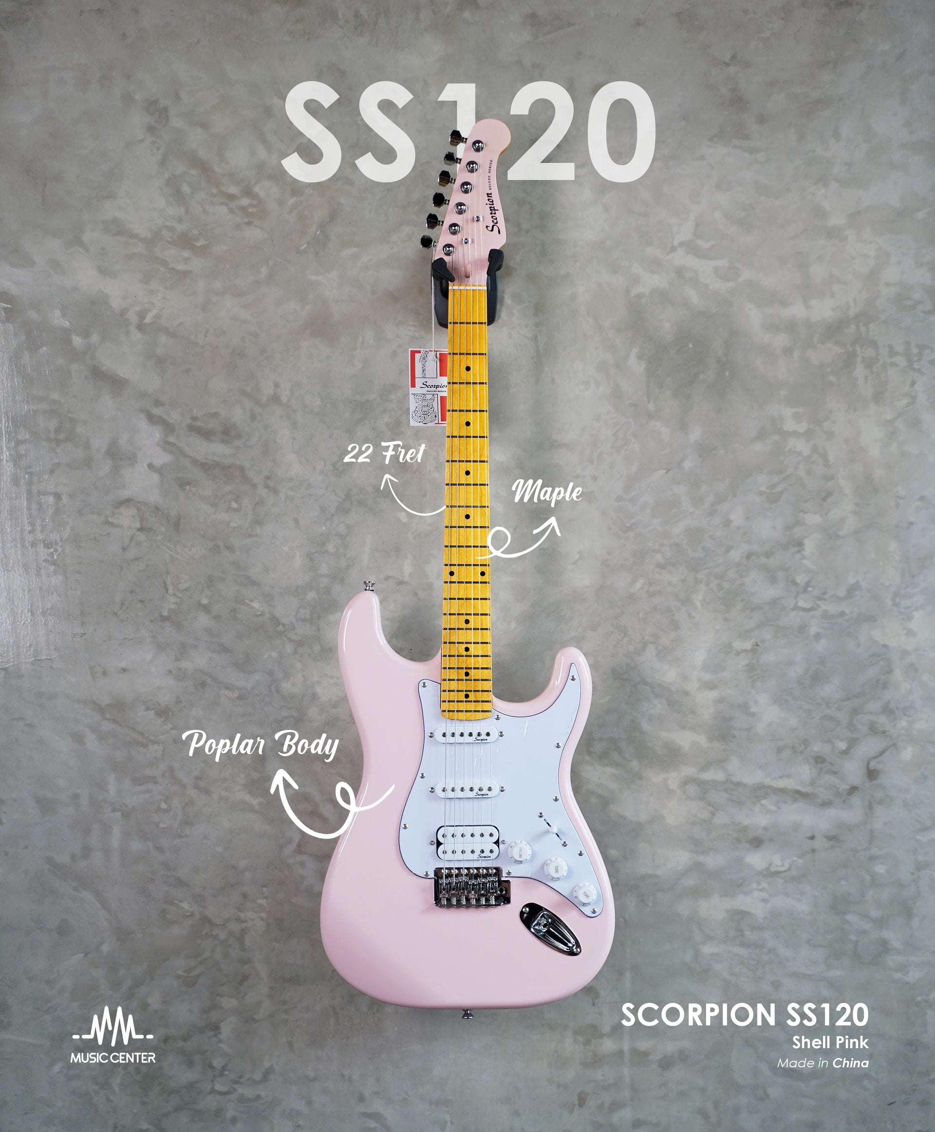Scorpion SS120 Electric Guitar Stratocaster, Shell Pink