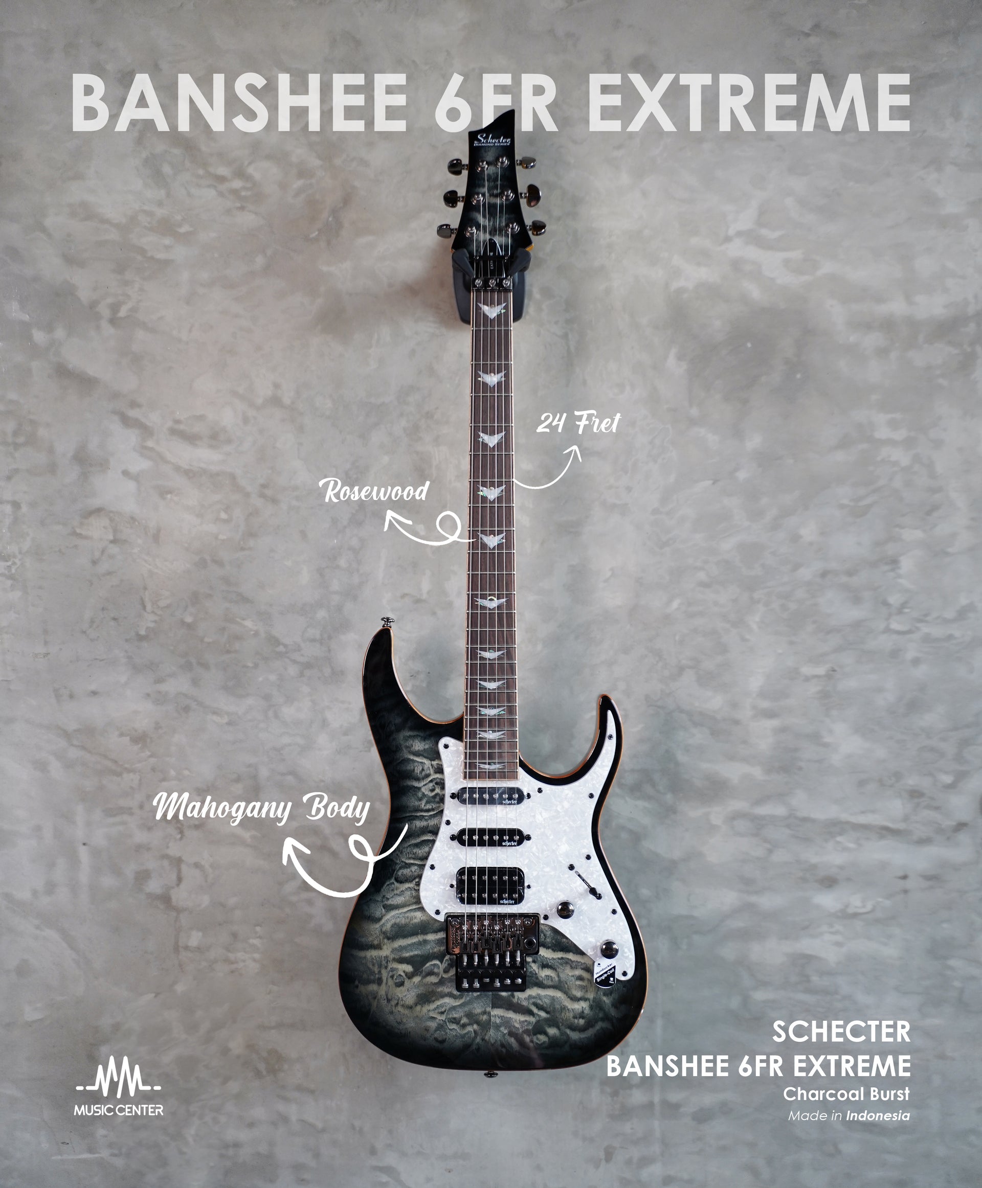 Schecter Banshee 6FR Extreme Electric Guitar, Charcoal Burst