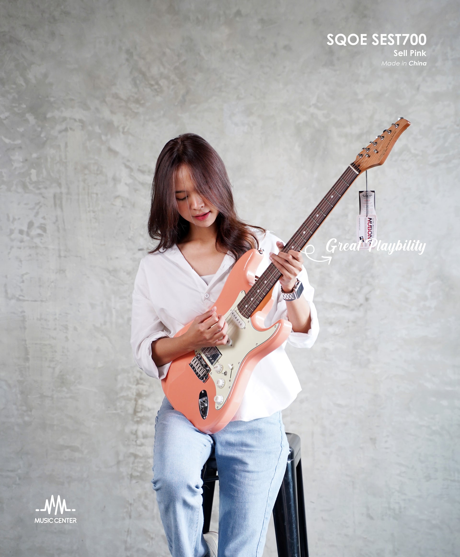SQOE SEST700 HSS Electric Guitar Stratocaster, Shell Pink