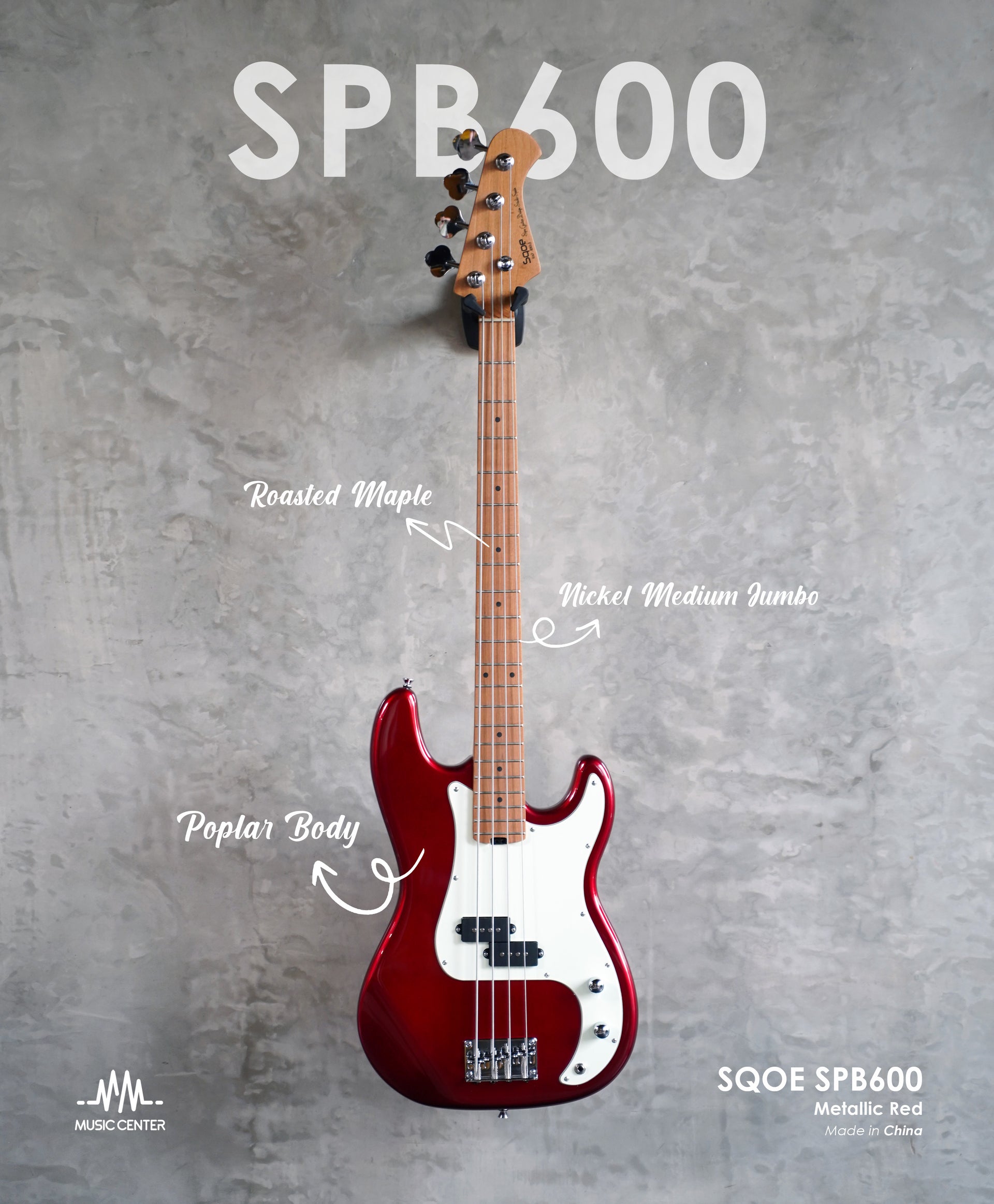 SQOE SPB600 Electric Bass, Candy Apple Red