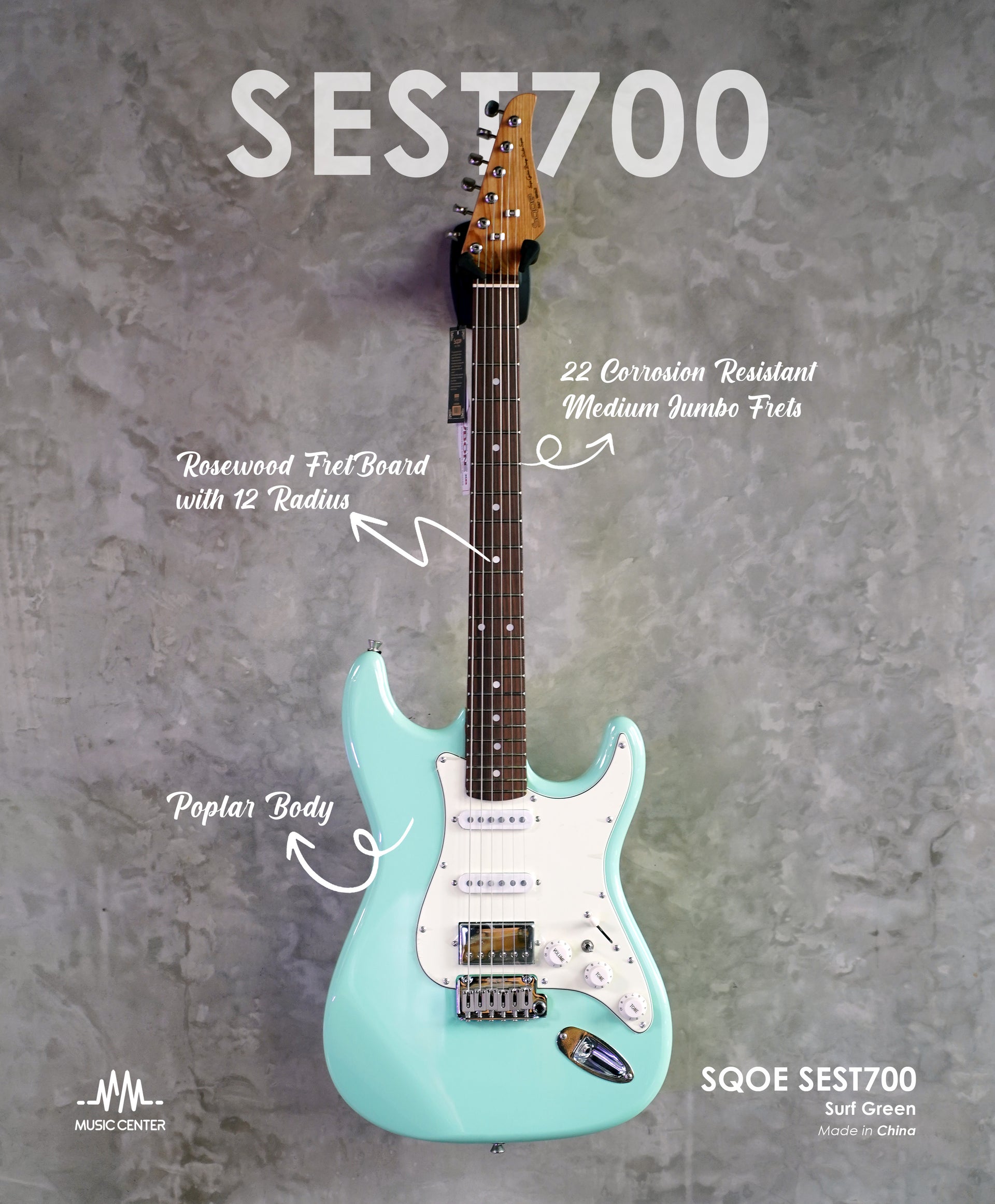 SQOE SEST700 HSS Electric Guitar Stratocaster, Surf Green