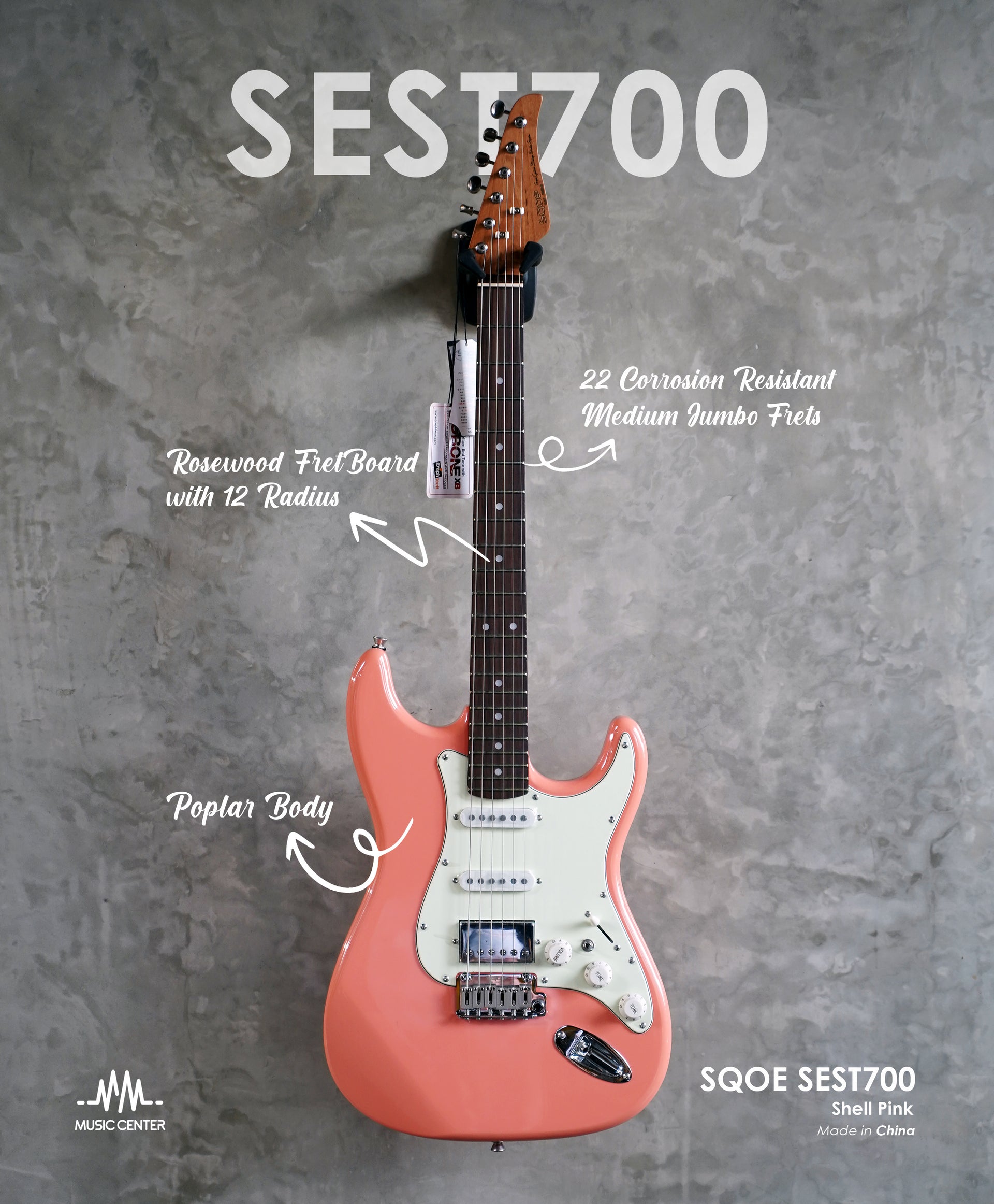 SQOE SEST700 HSS Electric Guitar Stratocaster, Shell Pink