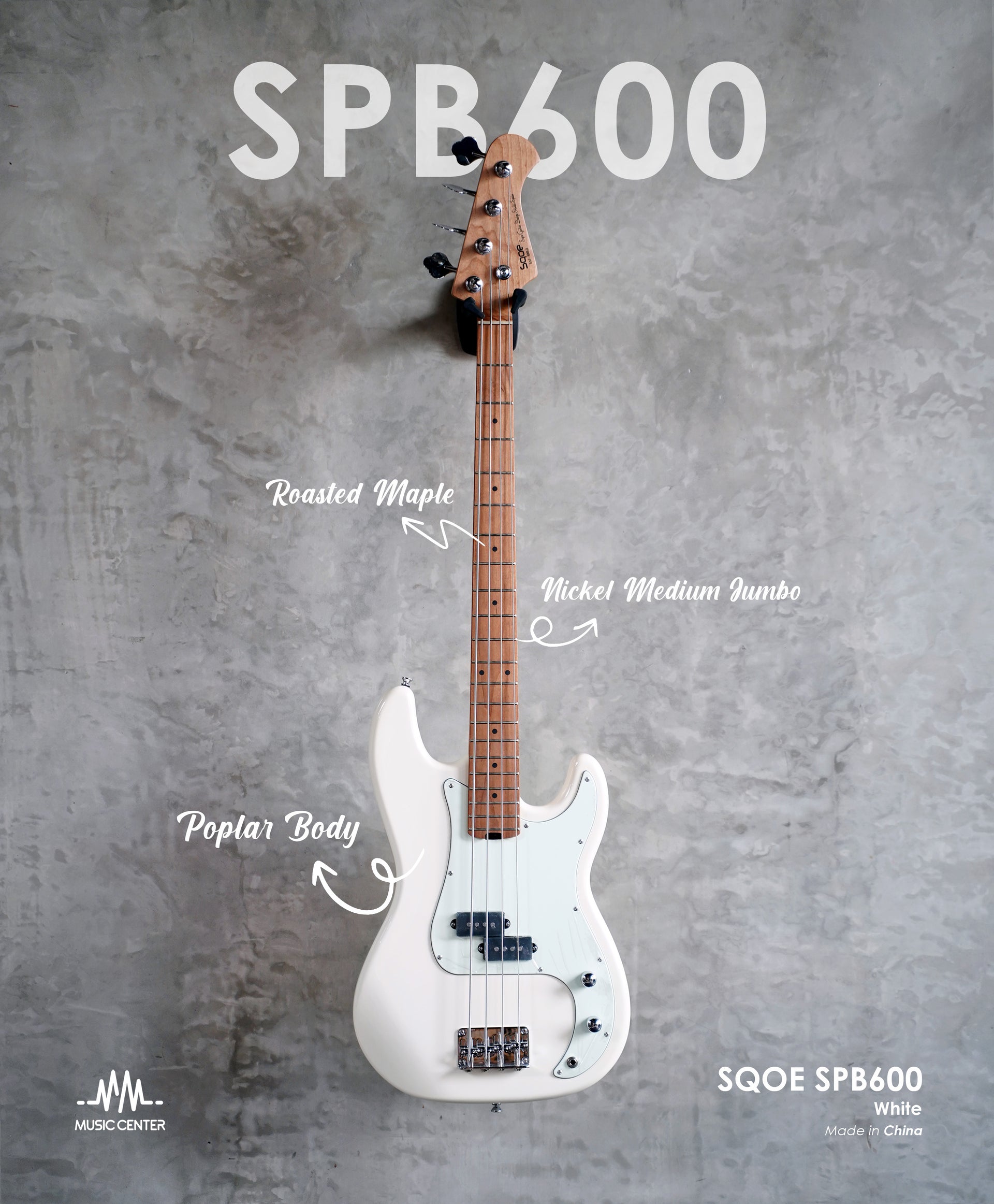 SQOE SPB600 Electric Bass, Olympic White